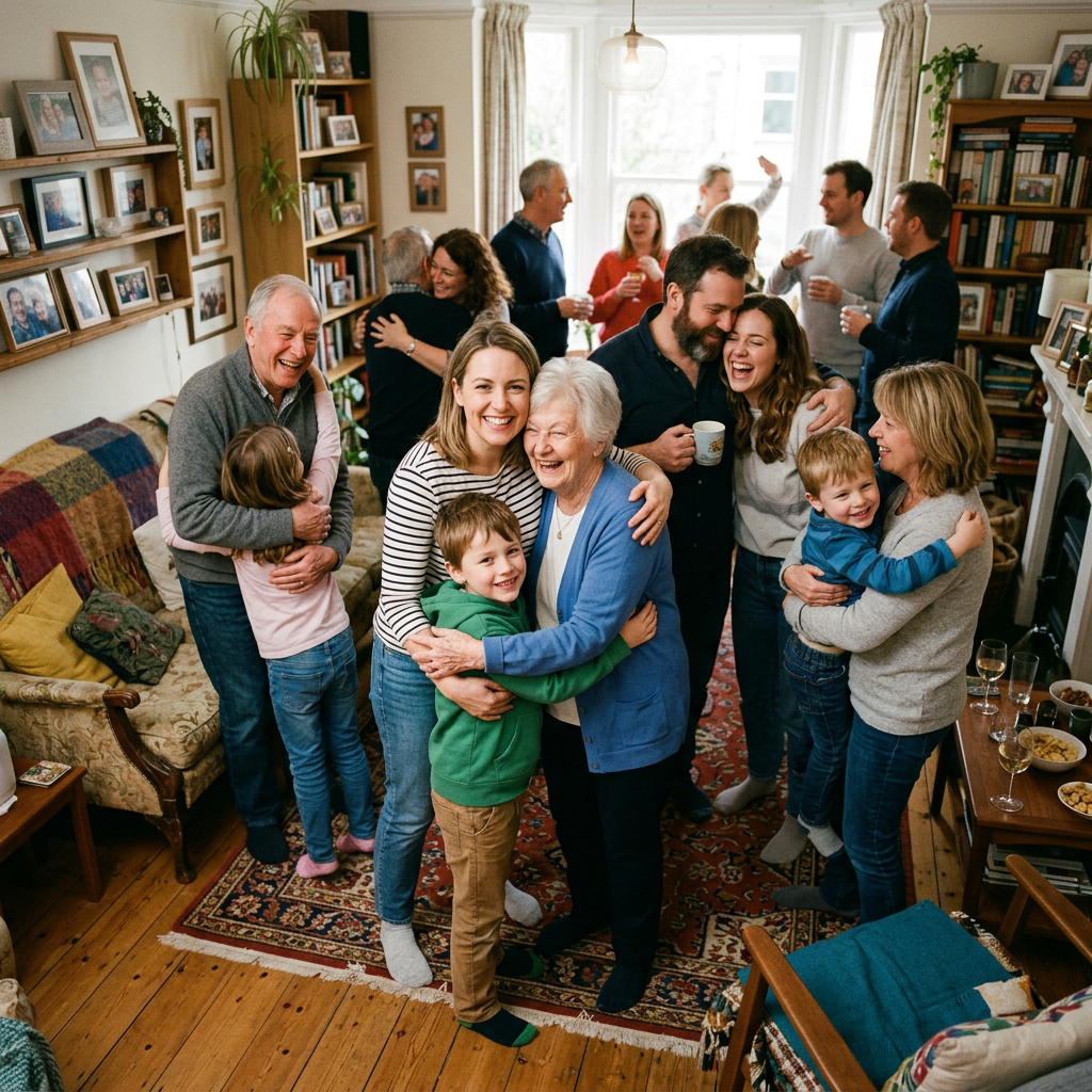 Family members of different ages hugging and socializing in a warmly decorated living room