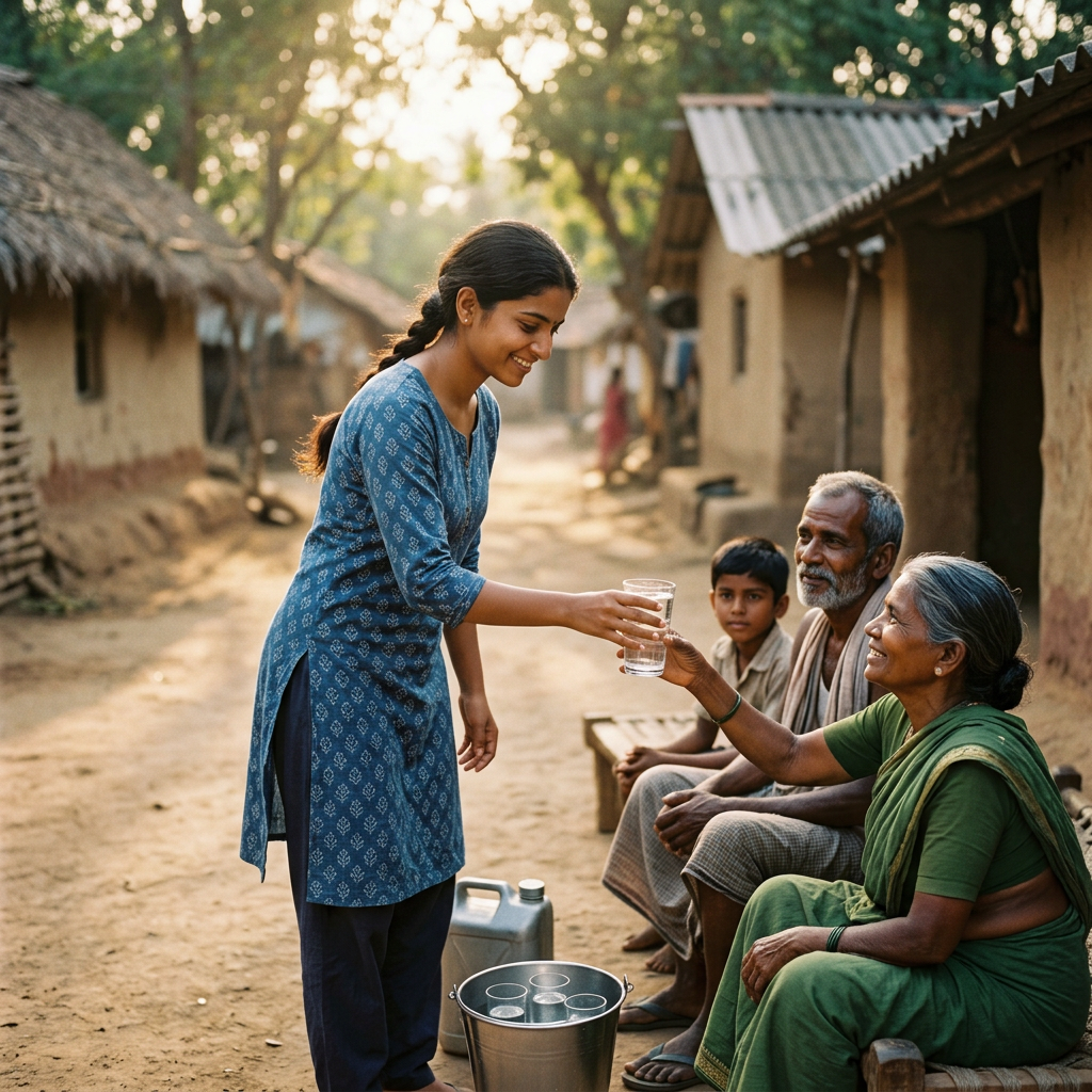 Young woman giving a glass of water to an elderly woman outdoors in rural village