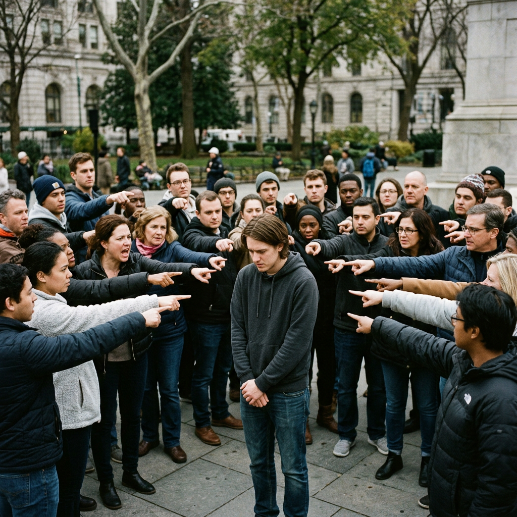 Crowd of diverse people pointing fingers at a young man looking down, isolated