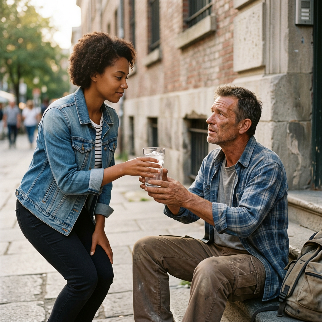 Young woman handing glass of water to homeless man on city street
