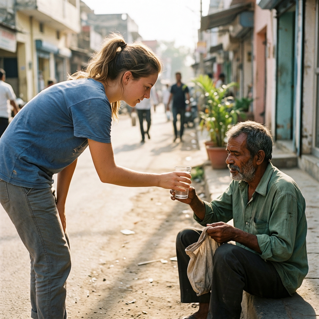 Young woman handing glass of water to elderly man sitting on curb