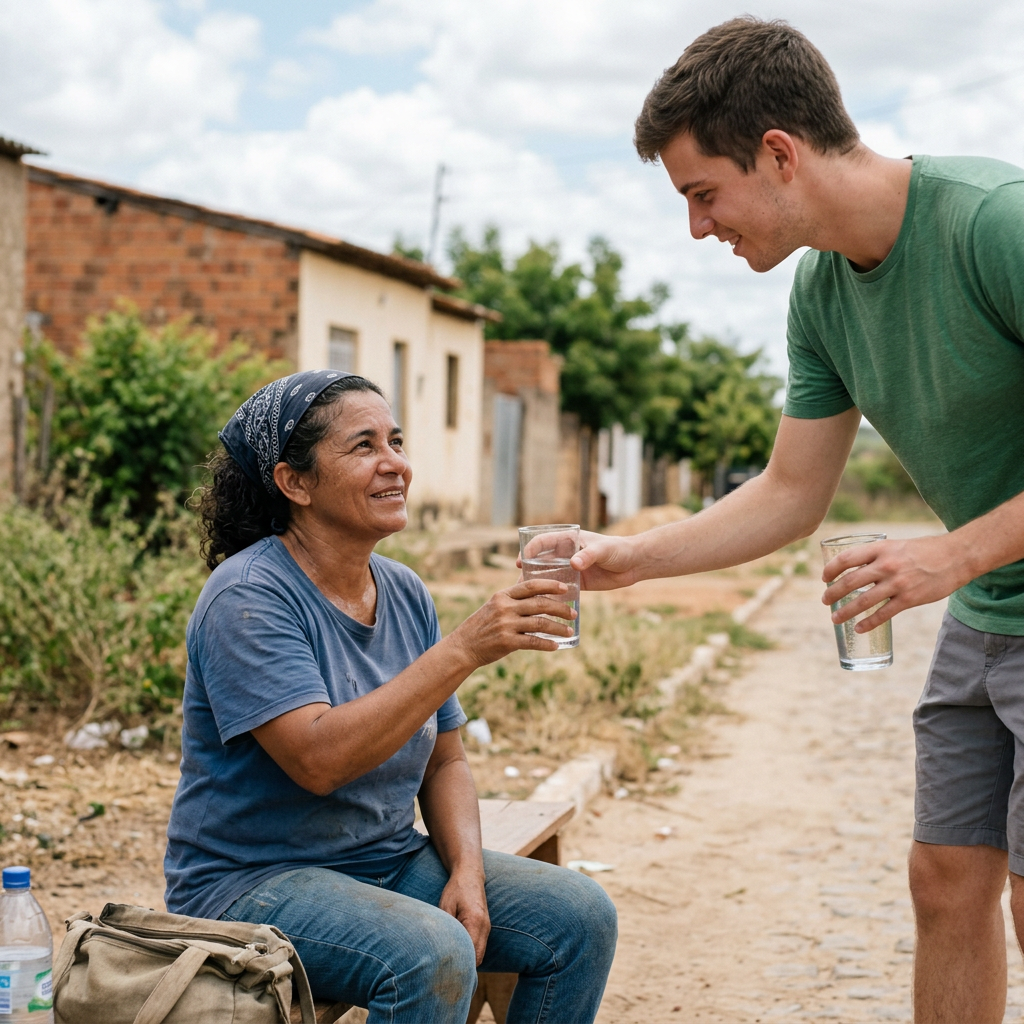 Young man handing glass of water to seated woman outdoors on dirt path