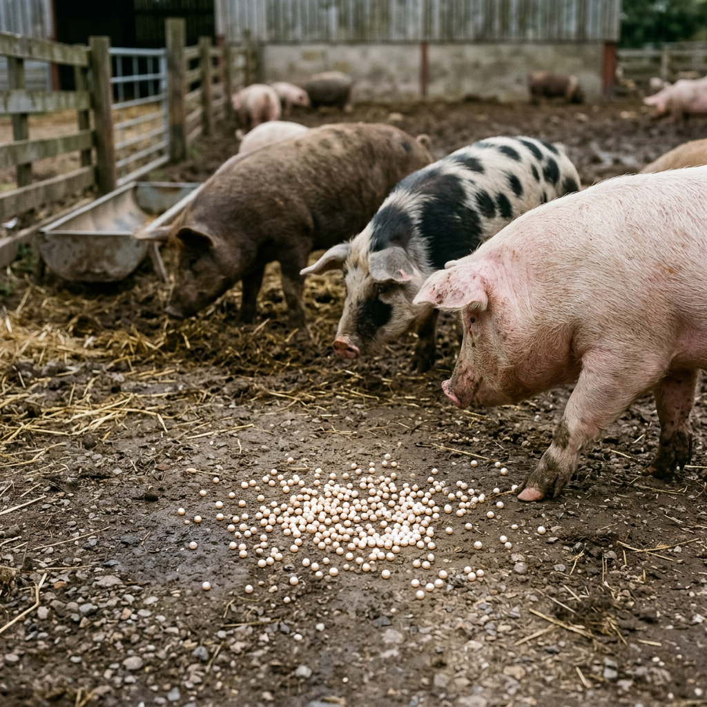Pigs eating feed pellets in a muddy outdoor farm pen