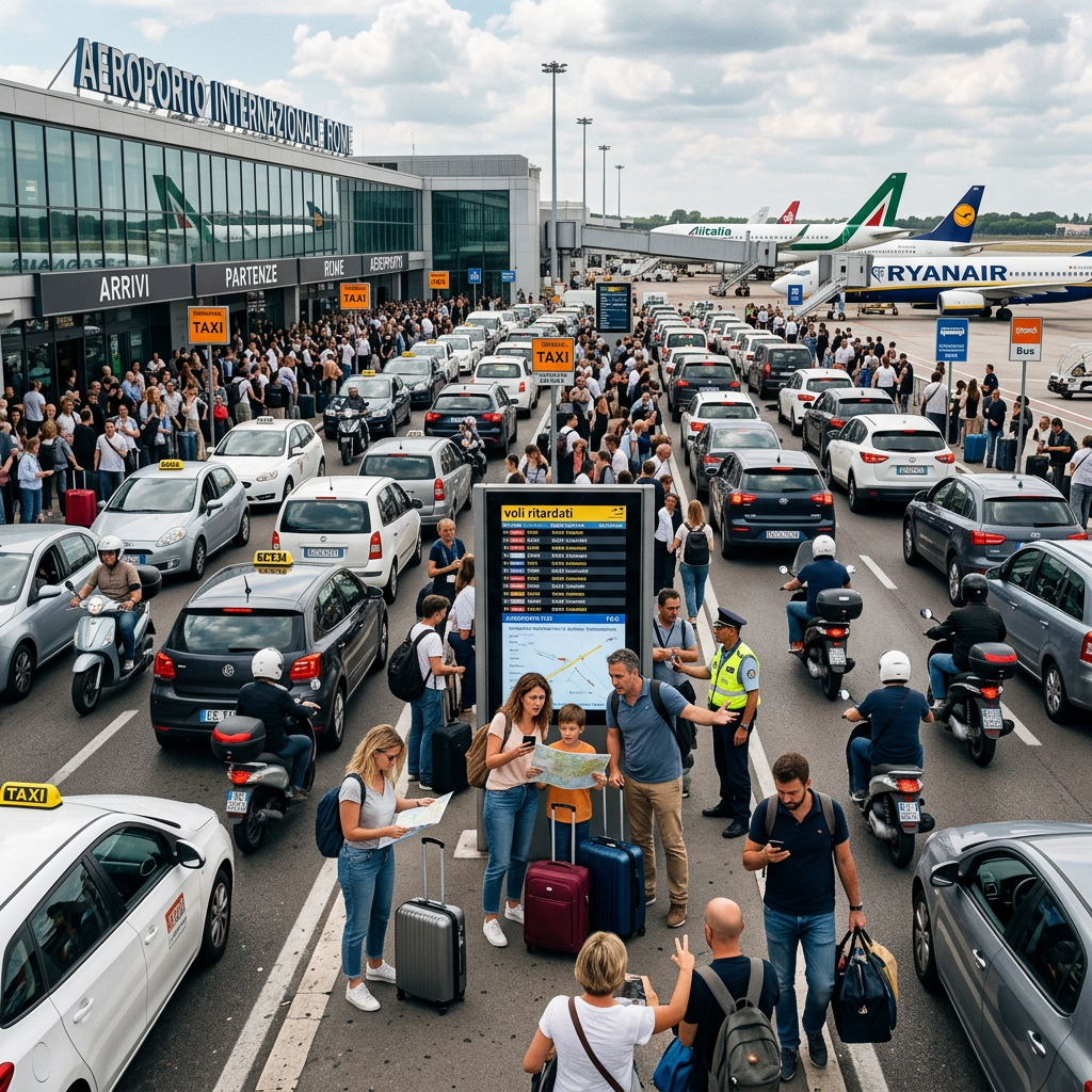 Crowded taxi lanes and travelers outside Rome international airport terminal