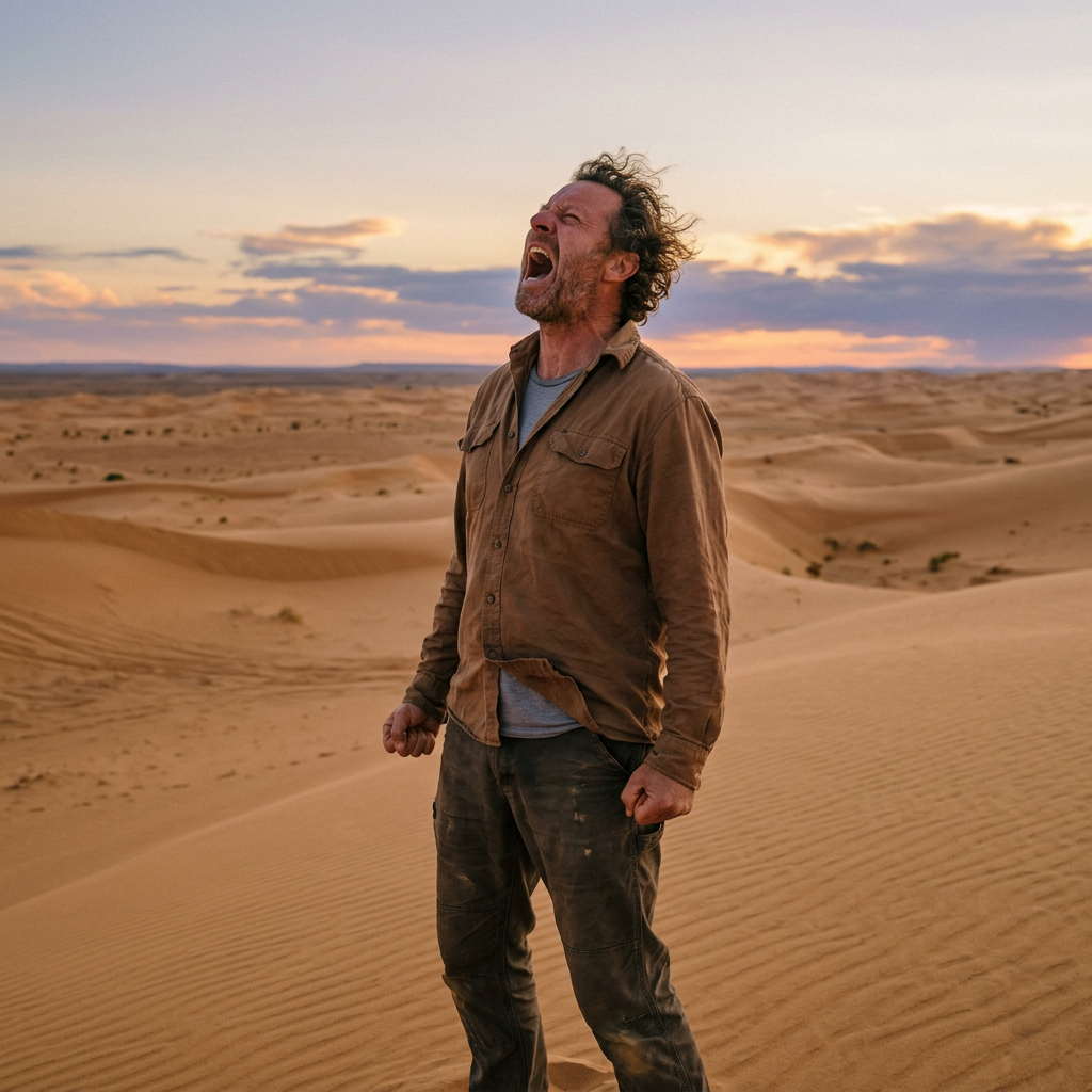 A man standing in desert sand dunes with fists clenched and mouth open as if shouting
