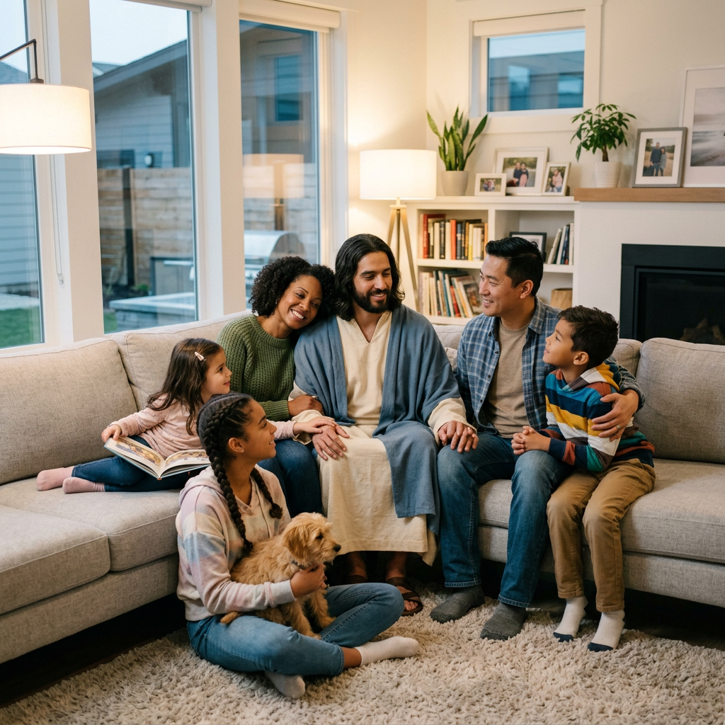 Diverse family sitting on couch and floor with dog in a cozy living room