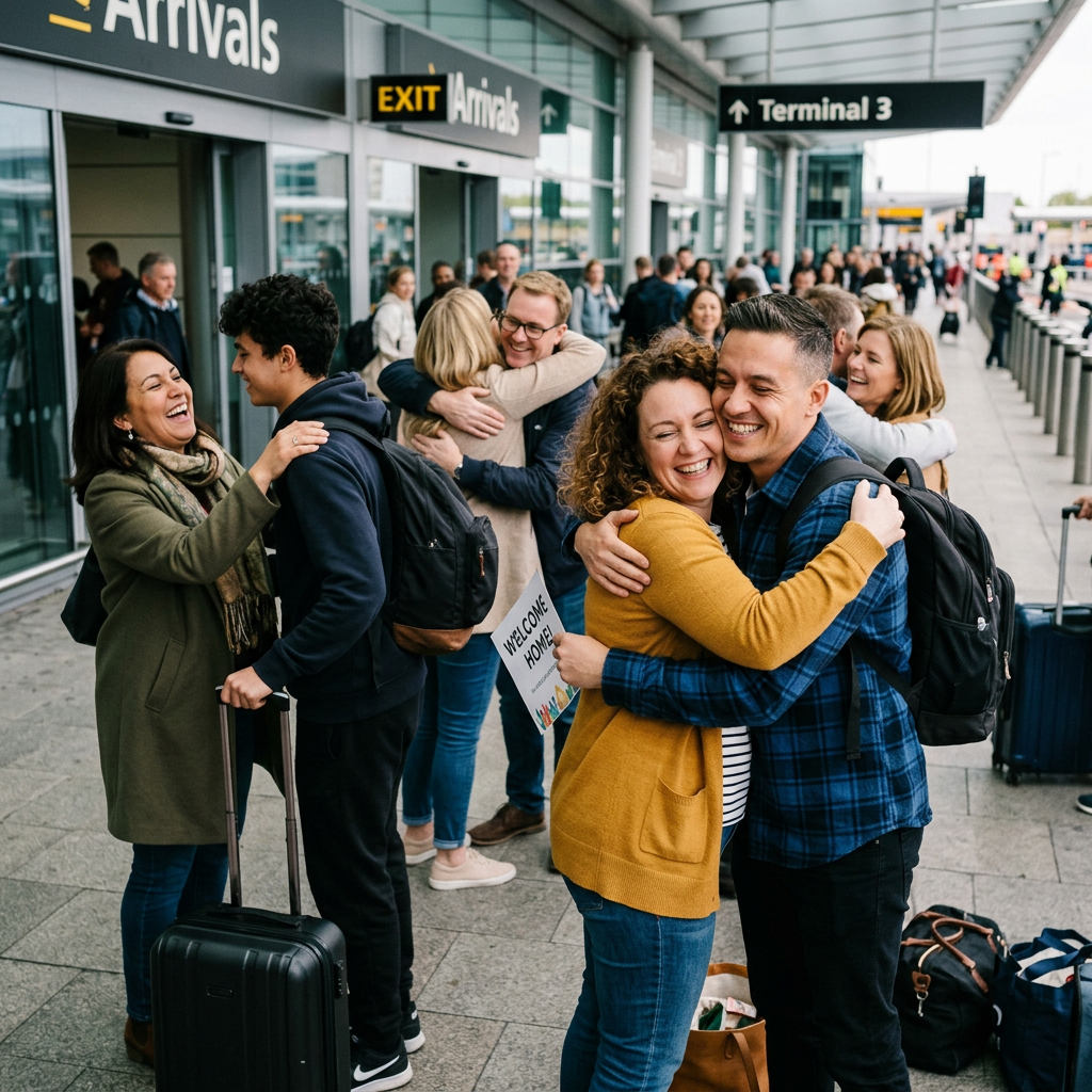 People warmly hugging each other at airport arrivals with luggage and signs