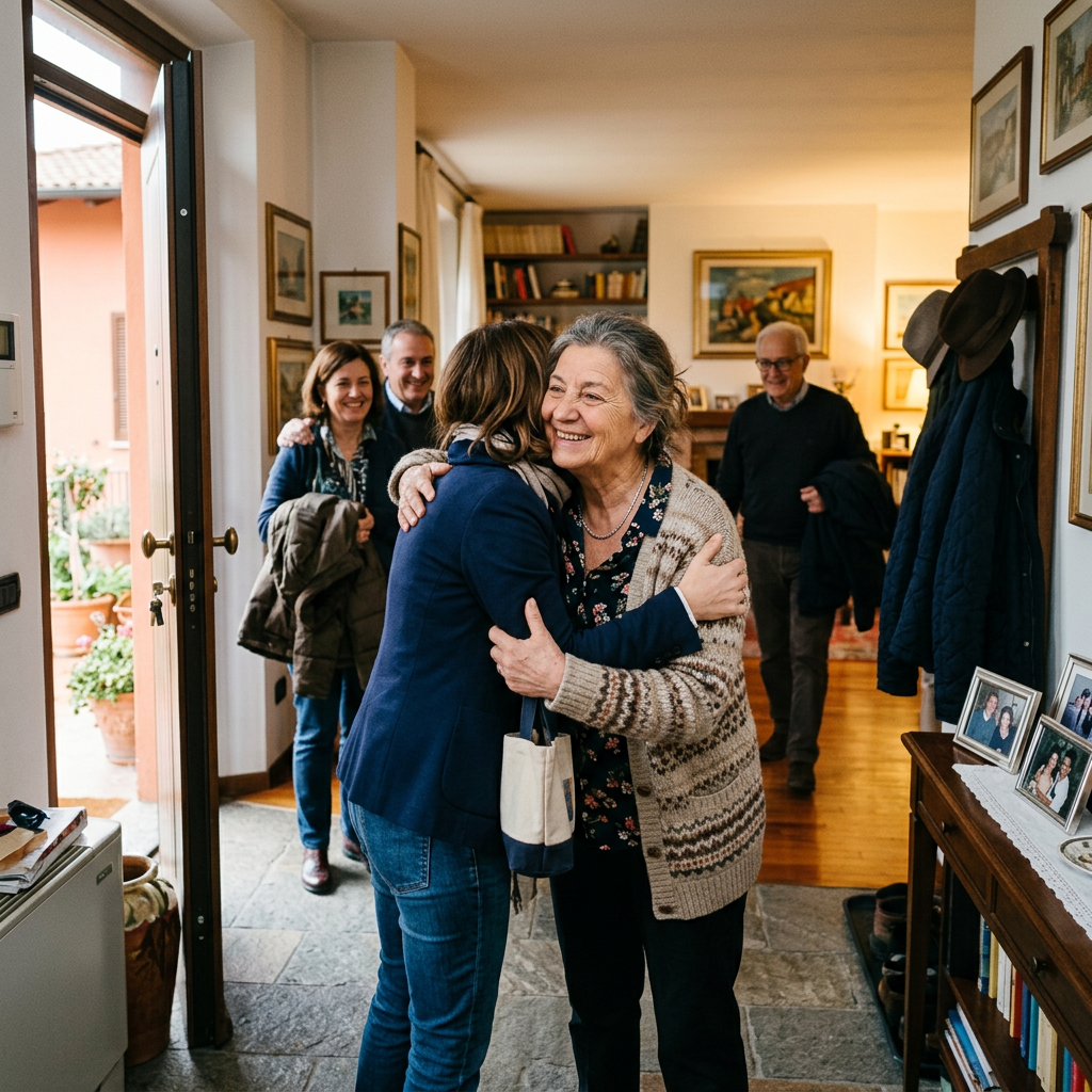 Two women hugging warmly in an entryway with three people arriving