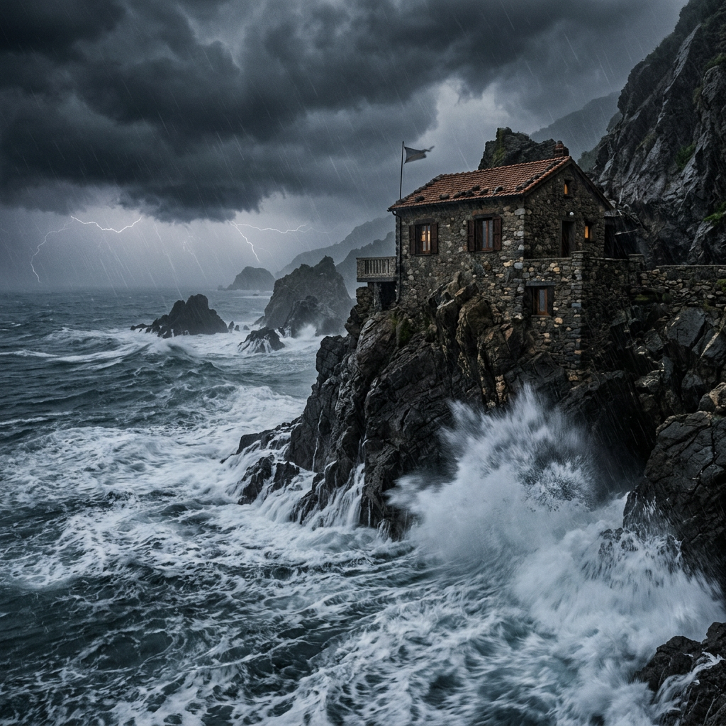 Stone house on rocky cliff with lightning and crashing waves in storm
