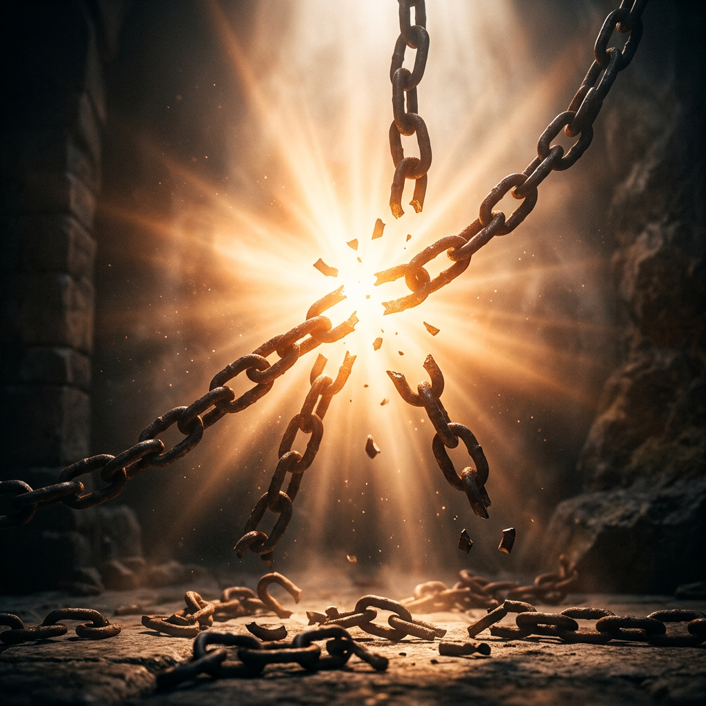 Rusty chains breaking apart with bright light shining through