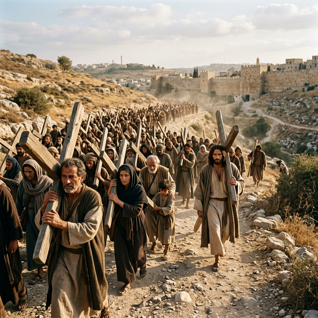 People dressed in historical robes carry wooden crosses on a rocky path.