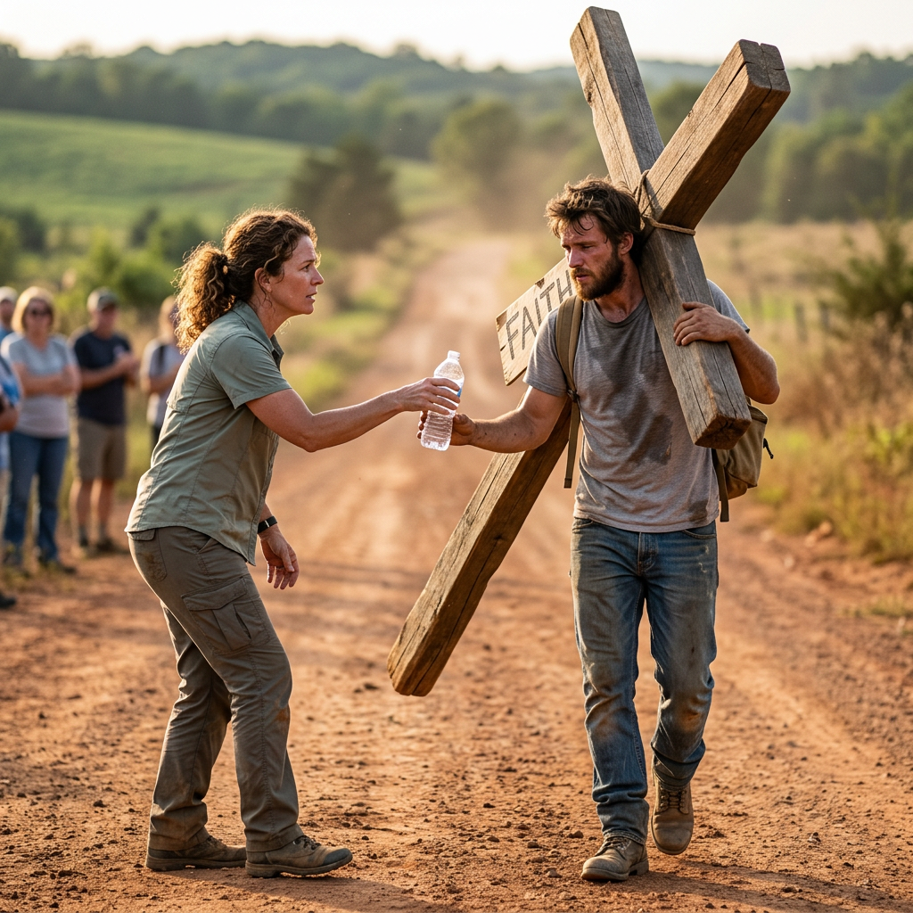 Man carrying large wooden cross labeled Faith accepts water bottle from woman