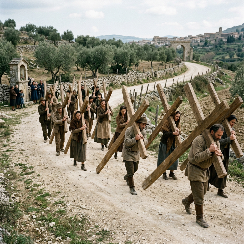 Group of villagers walking along a dirt road carrying large wooden crosses