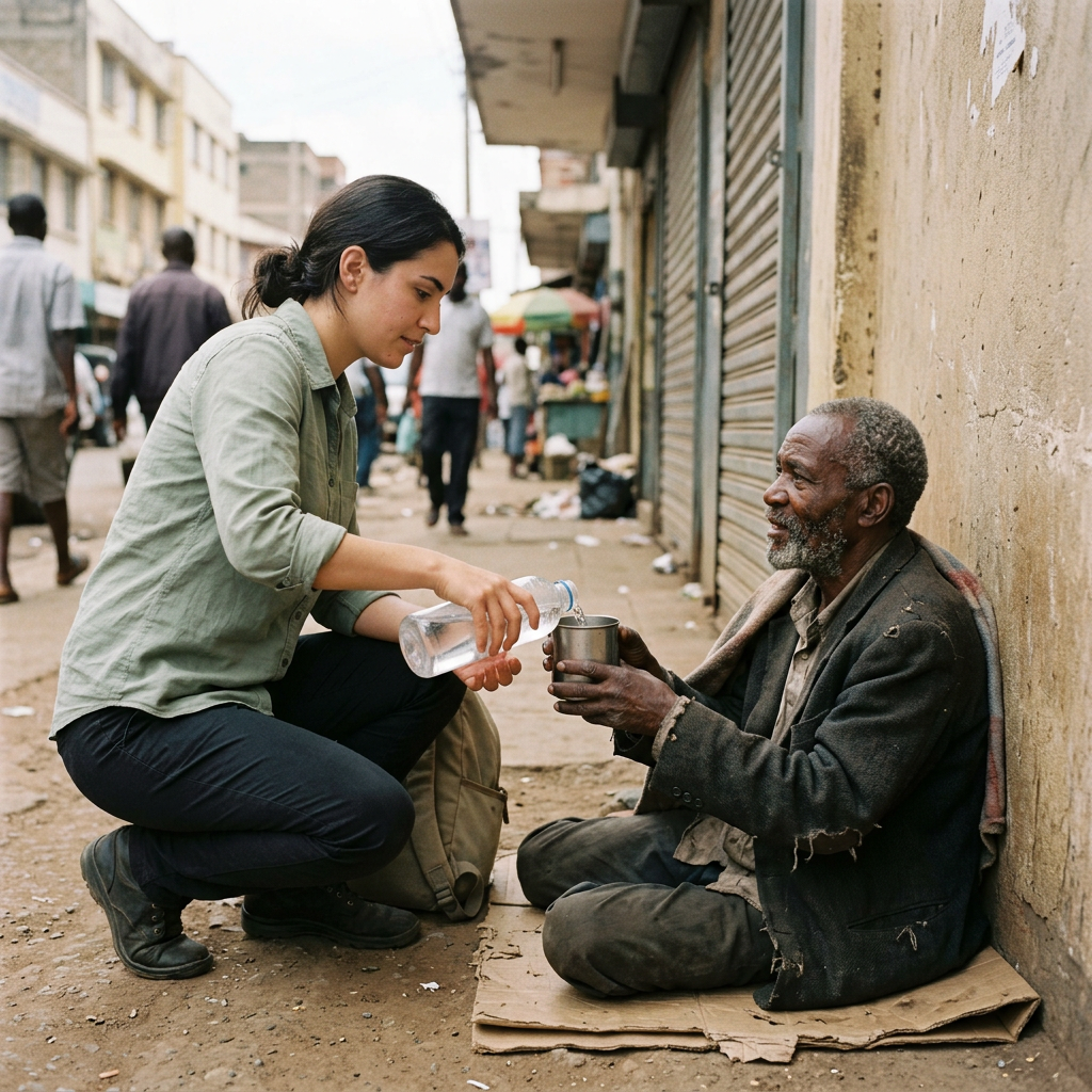 A woman pouring water from a bottle into a cup held by a homeless man sitting on the sidewalk