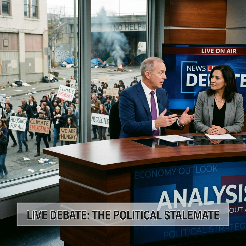 Two news commentators debating in a studio with protestors holding signs outside the window