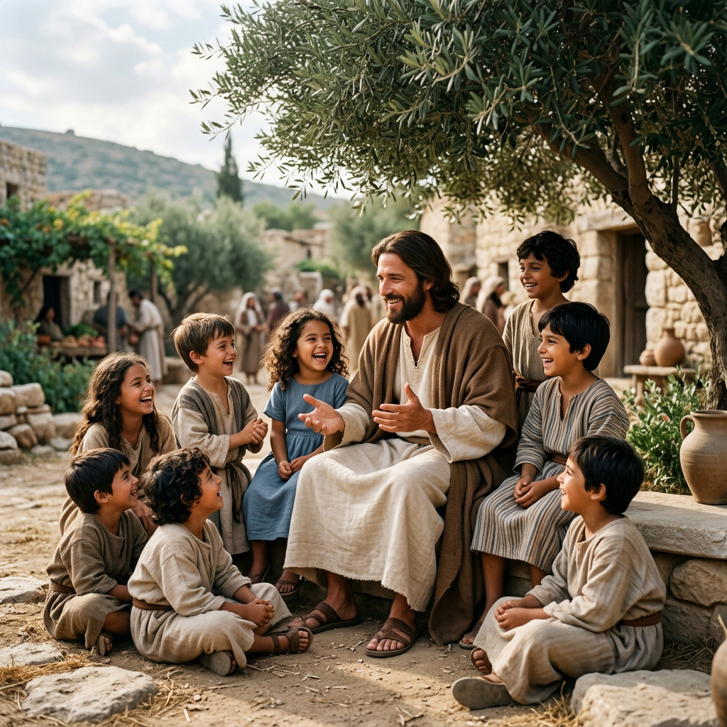 Man in ancient clothing sitting outdoors, smiling and speaking to smiling children gathered around him