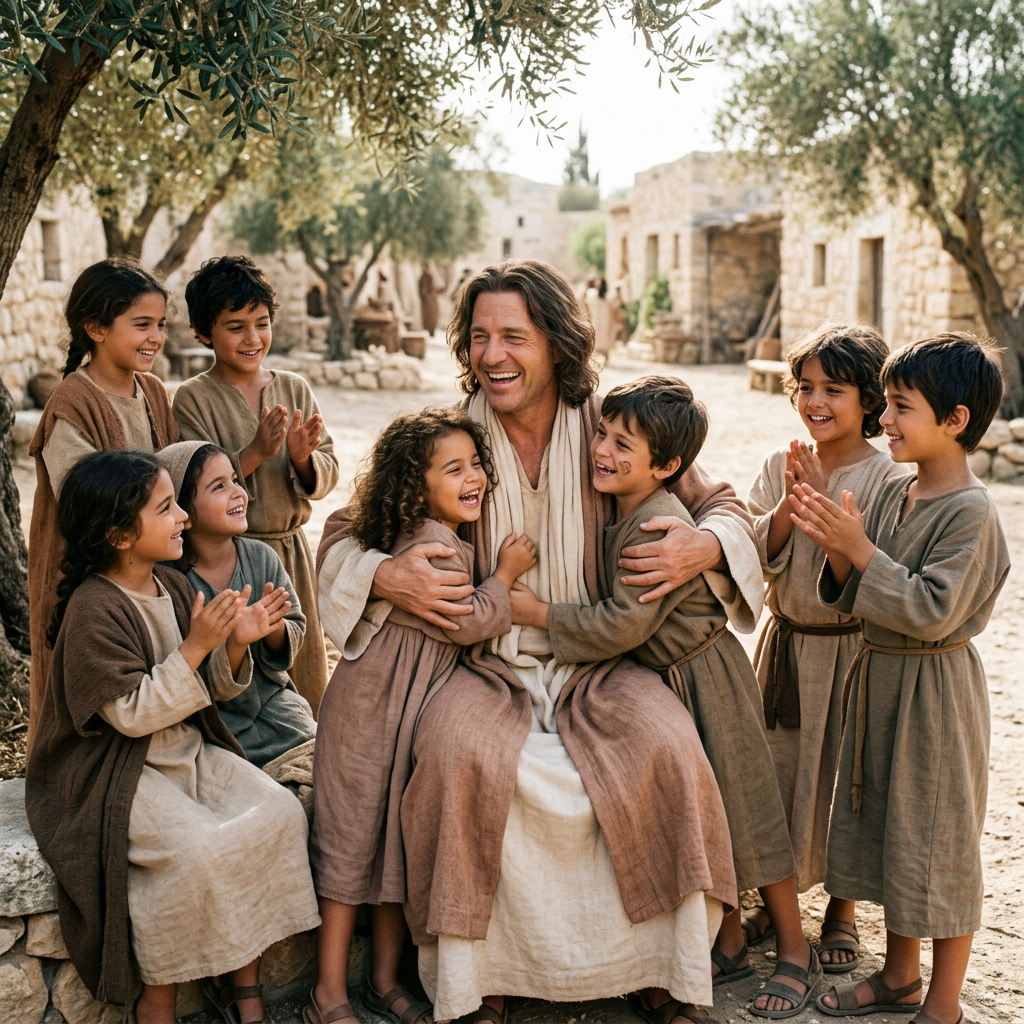 Man in ancient robes smiling and hugging happy children in a village