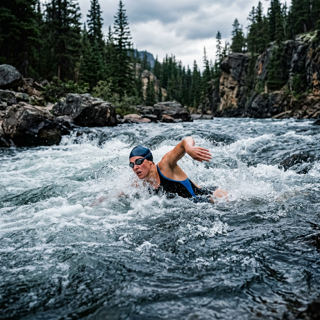 Swimmer wearing goggles and swim cap swimming freestyle in fast-flowing river rapids.