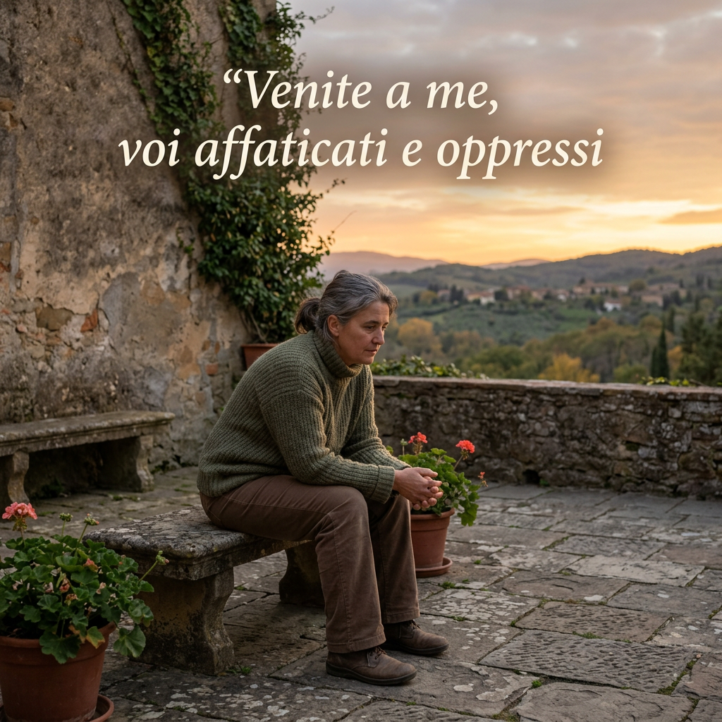 Woman sitting pensively on a stone bench outdoors with Italian text 'Venite a me, voi affaticati e oppressi'