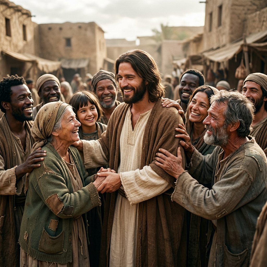 A smiling man in a robe surrounded by happy villagers in historical attire
