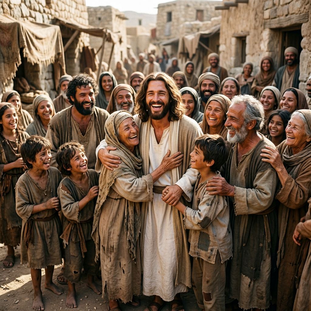 Man in white robe embraces and smiles with a happy crowd in a rustic village setting