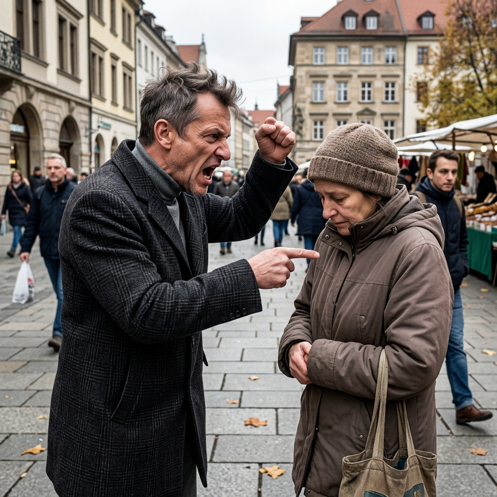 Man angrily yelling and pointing at woman looking down on a city street