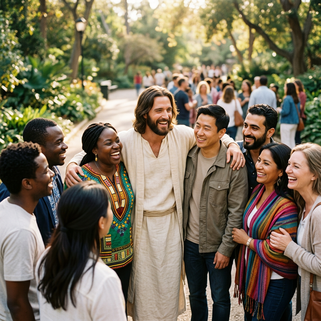 Group of diverse friends standing close, smiling and laughing in a park