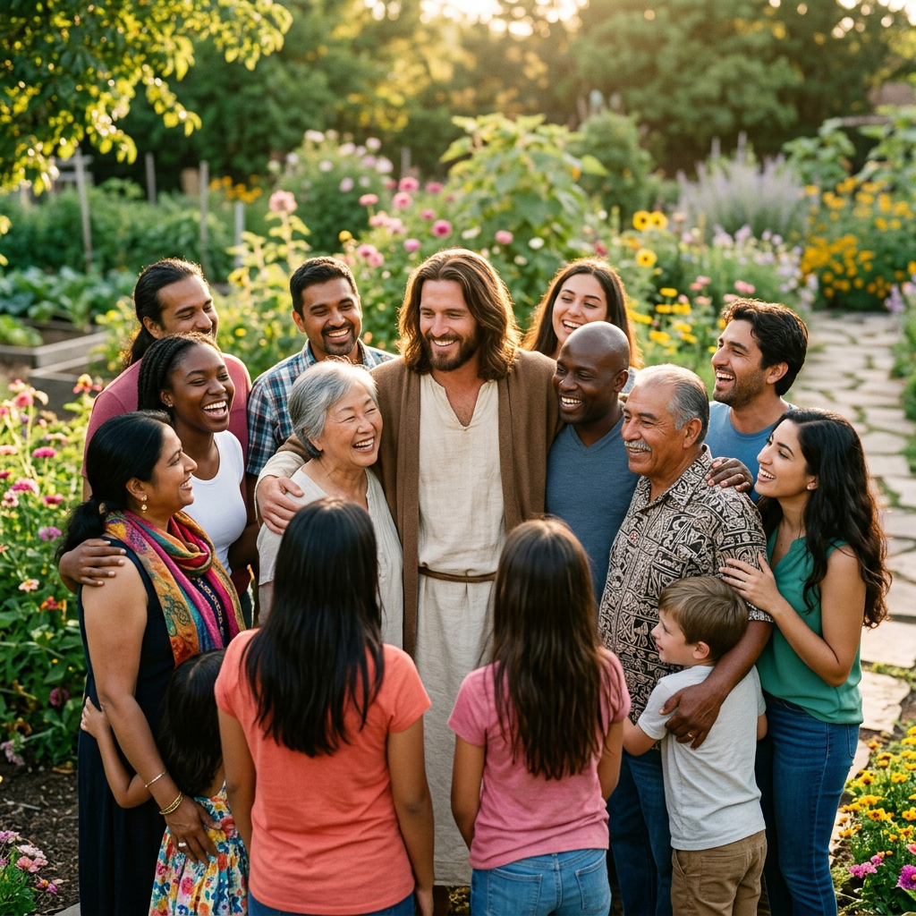 Diverse group of people smiling and embracing in a garden