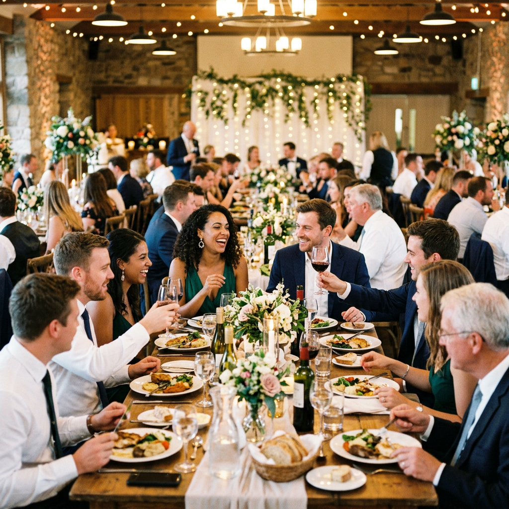 People seated at a long banquet table enjoying food, wine, and conversation at a wedding reception