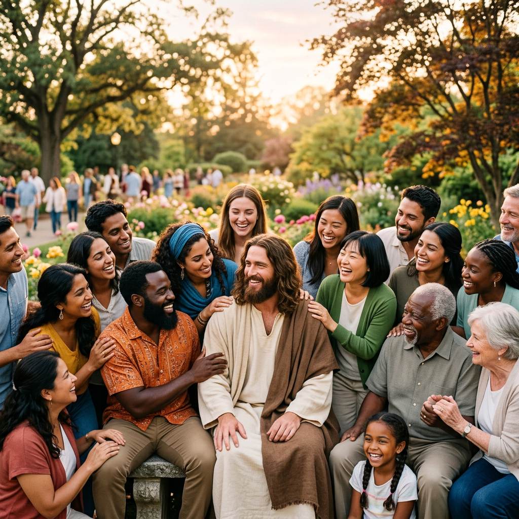 A diverse group of people surrounding and smiling at a person dressed in biblical robes