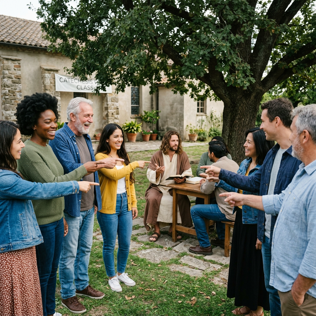 Group of adults pointing at a man dressed in biblical robes reading from a book outdoors