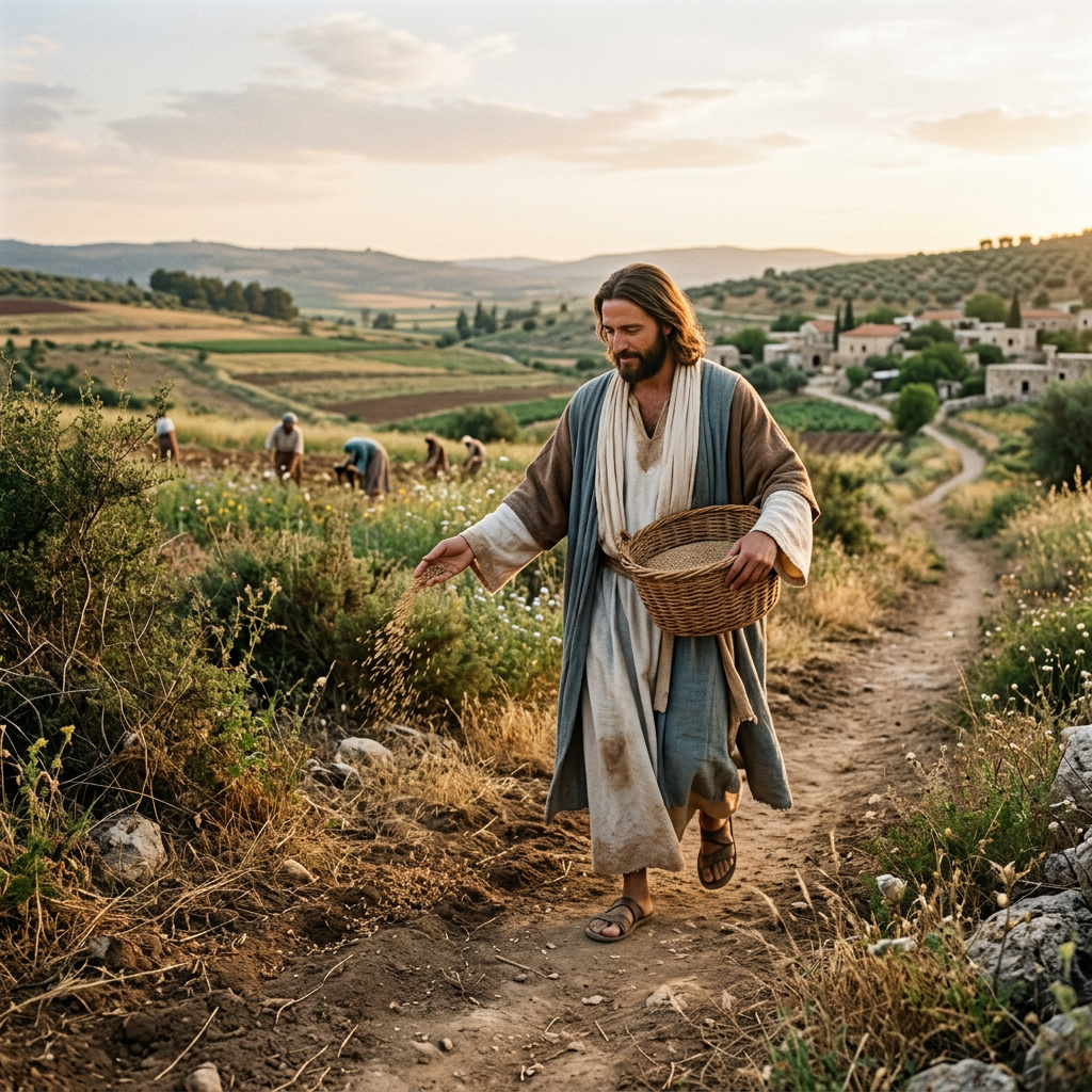 Man in historical robes scattering seeds along a dirt path with field workers and village in background