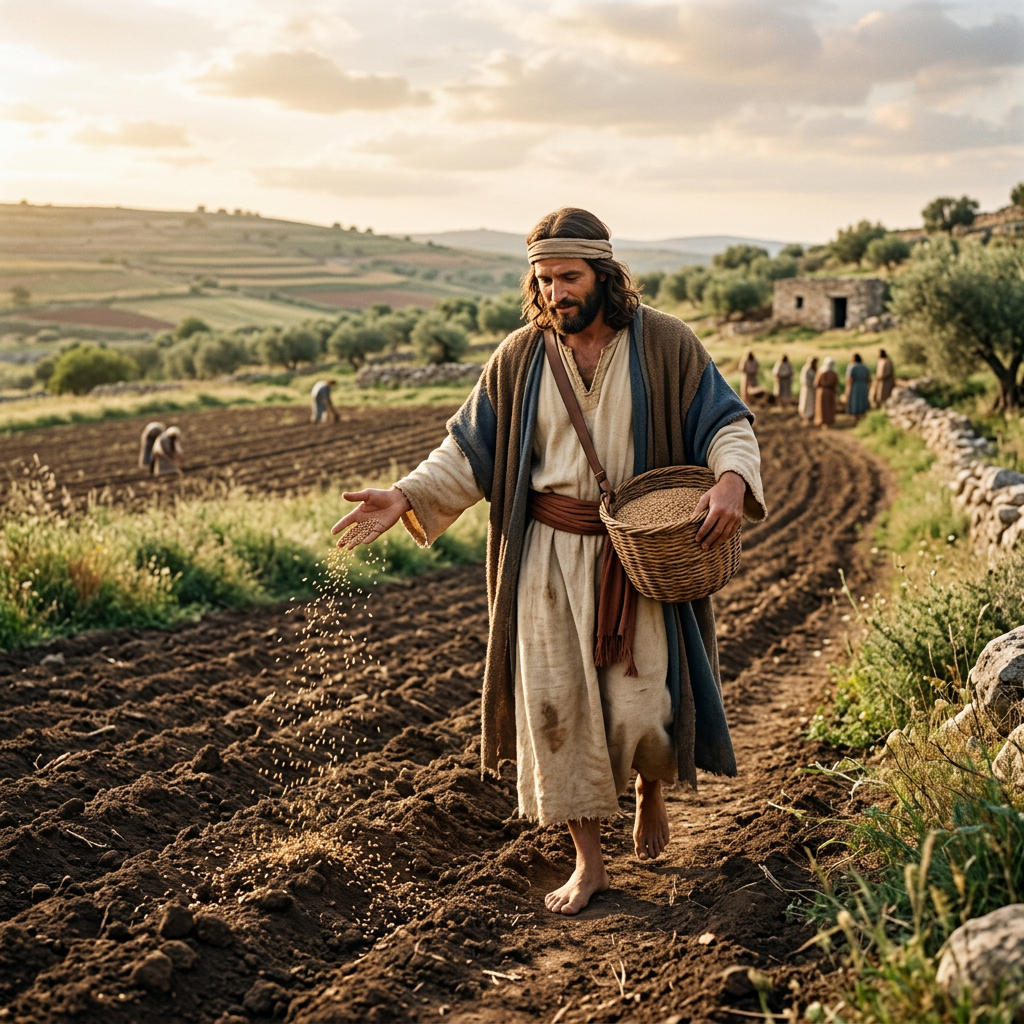 Man in ancient clothing sowing seeds by hand in a field
