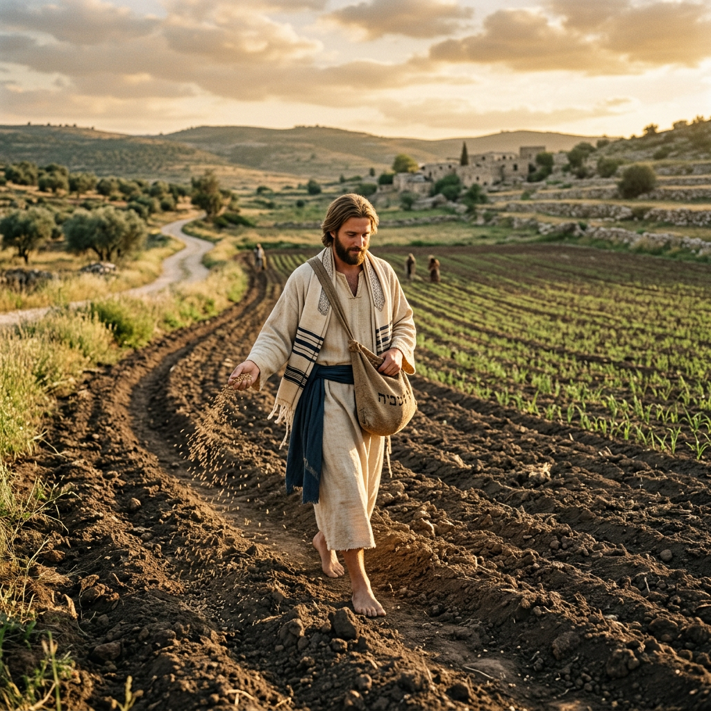 Man in ancient clothing sowing seeds by hand in a rural farmland field