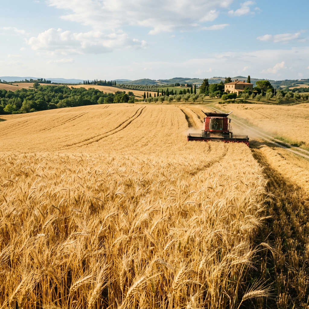 Combine harvester cutting golden wheat in a rural field with a farmhouse in the background