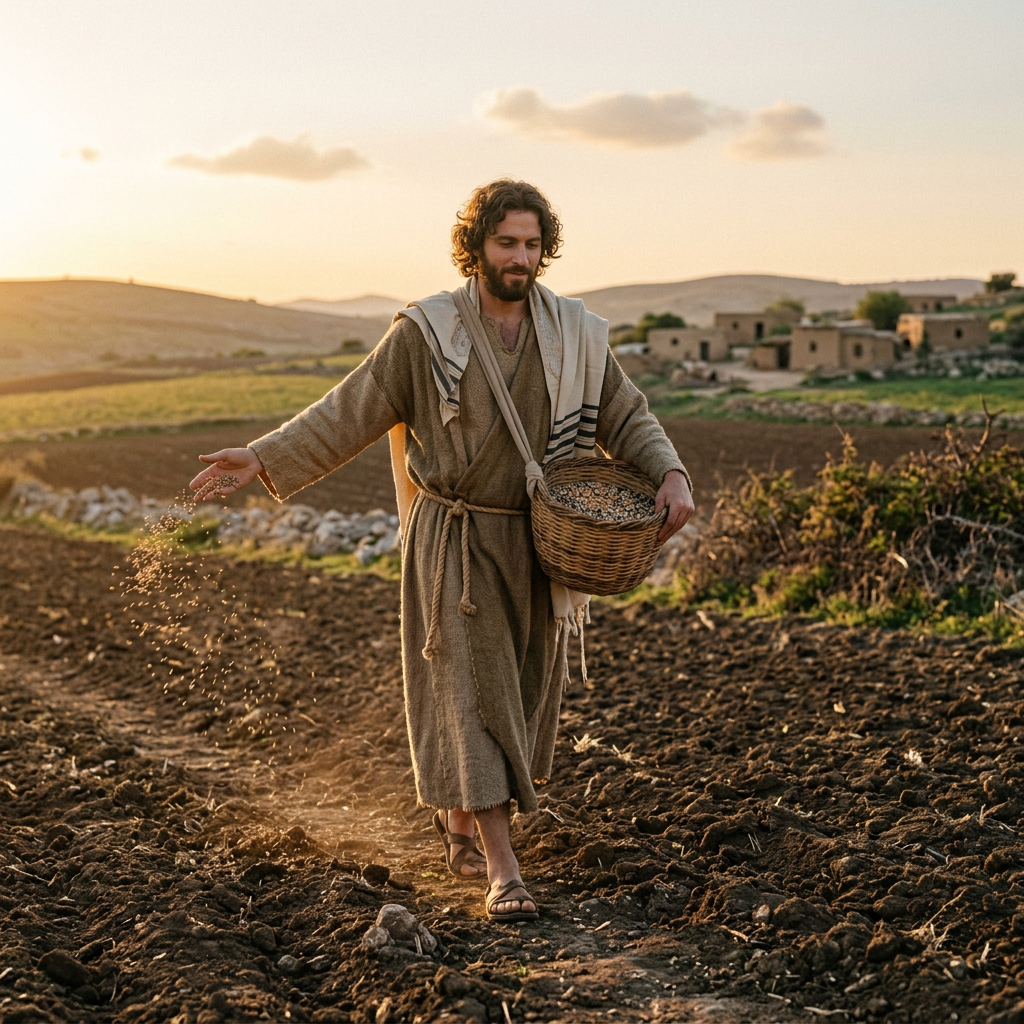 Man in ancient clothing sowing seeds by hand in a plowed field with a basket of seeds