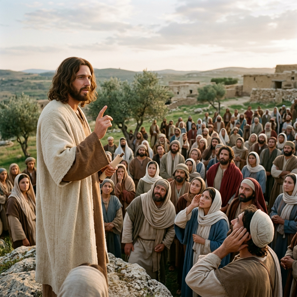 Man in biblical robes speaking to a large attentive crowd outdoors