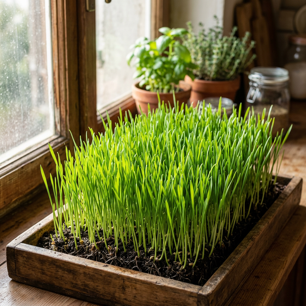 Tray of green microgreens growing indoors by a window with potted herbs