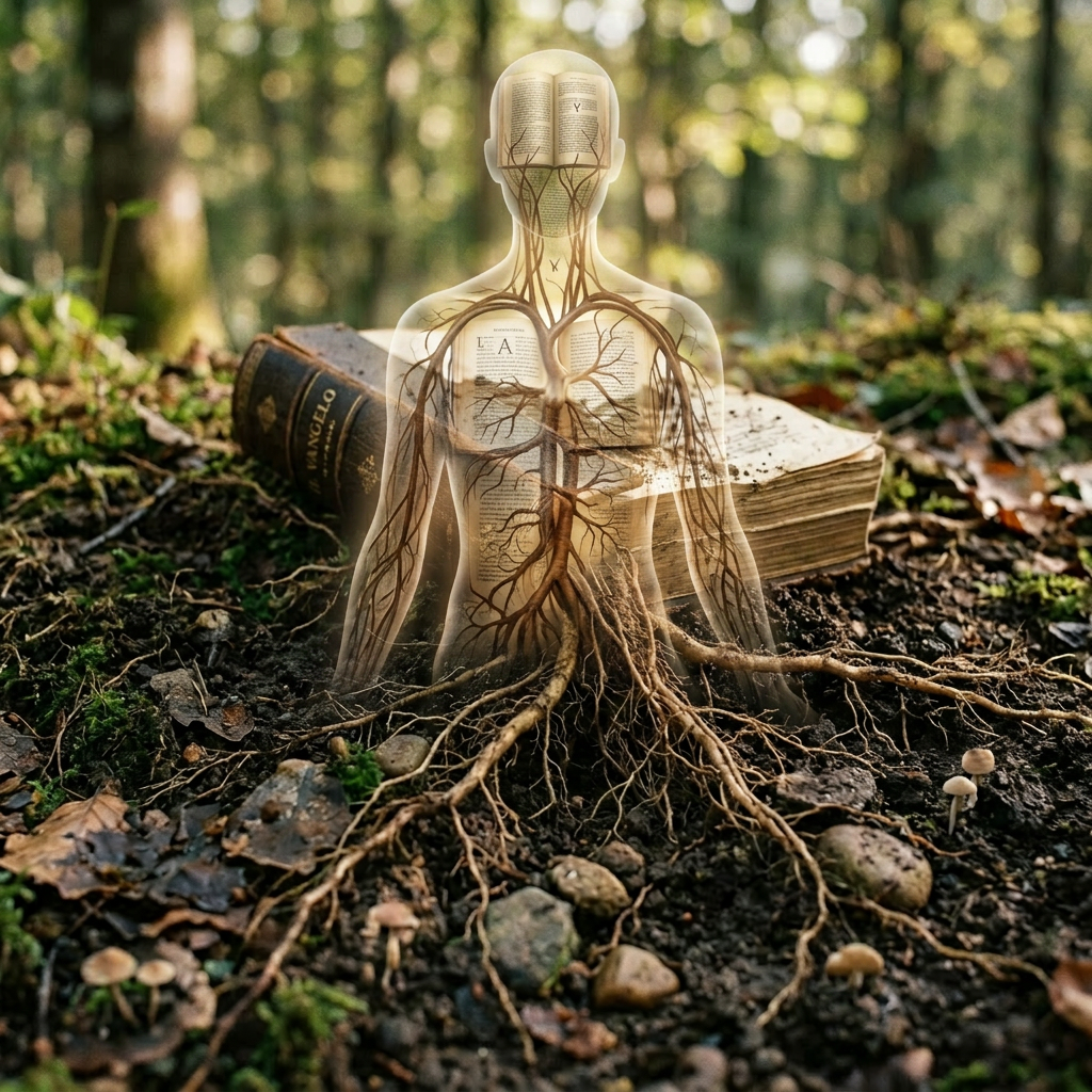 Old book partially buried in soil with roots growing from its pages in a forest setting