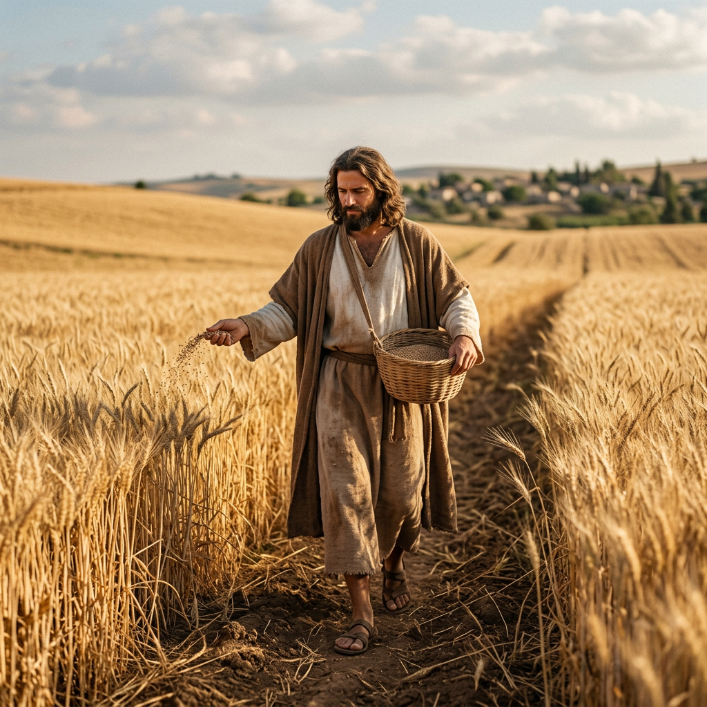 Man in ancient clothing sowing seeds along a path in a wheat field