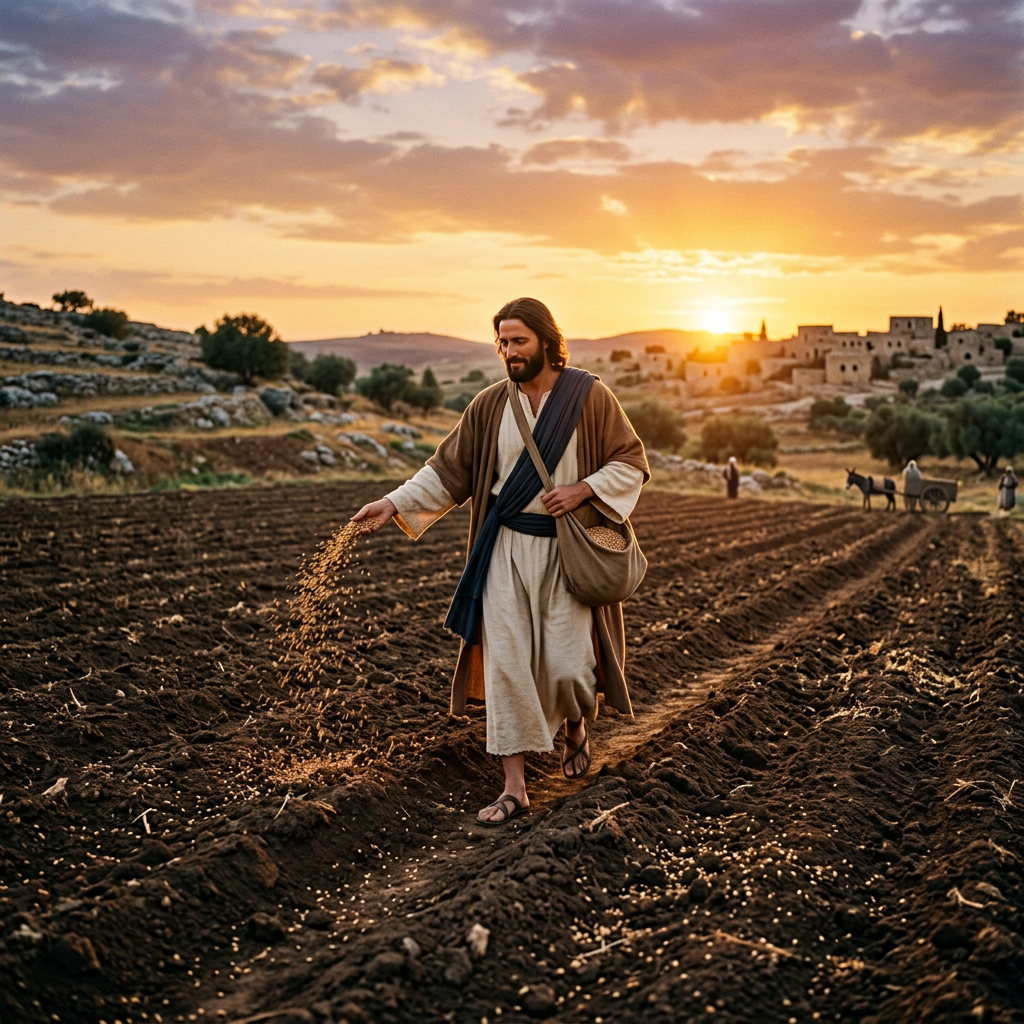 Man in traditional robe sowing seeds in a plowed field at sunset