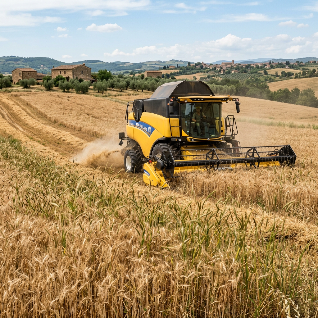 Yellow agricultural harvester harvesting wheat in a rural field