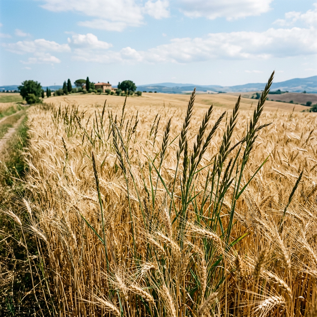 Rice field golden yellow ripe grain with farmhouse and trees in the distance
