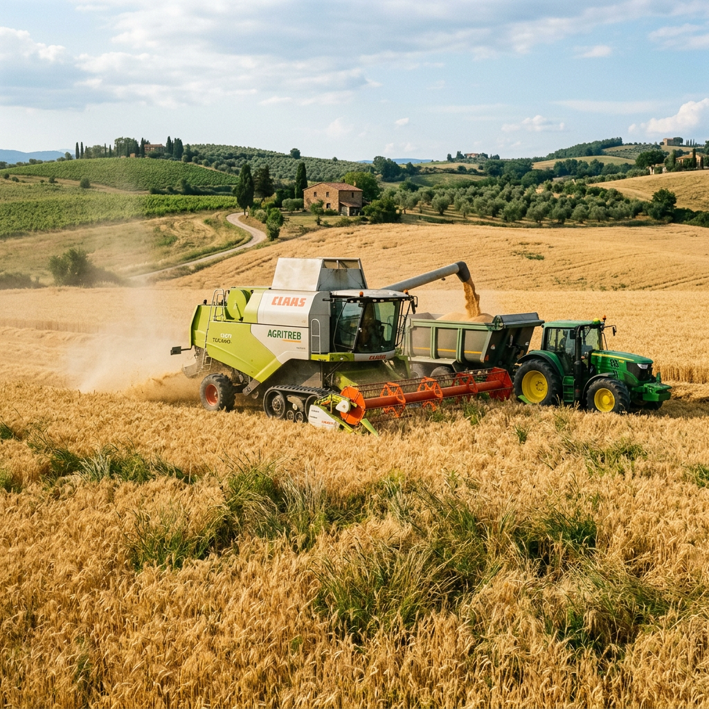 Combine harvester transferring wheat grain into tractor trailer in wheat field