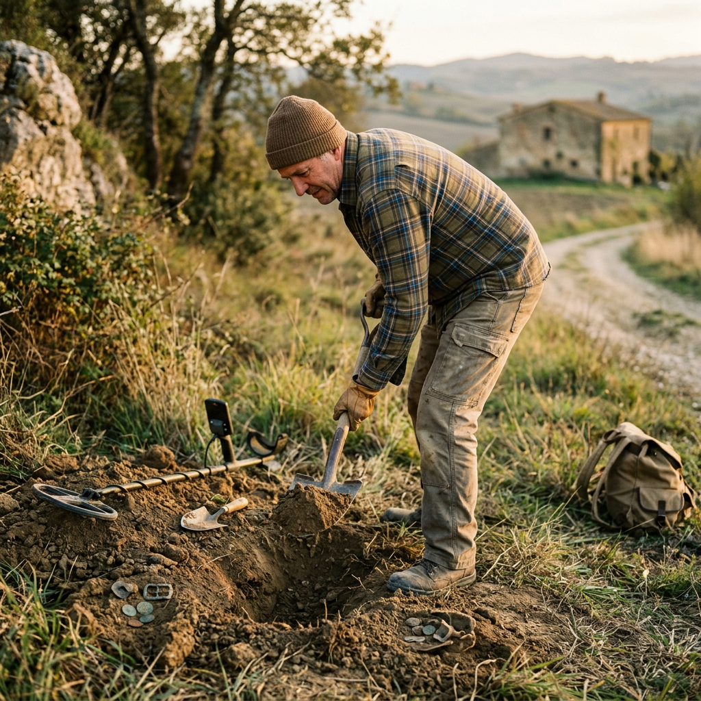 Man digging hole with shovel beside metal detector and artifacts in field