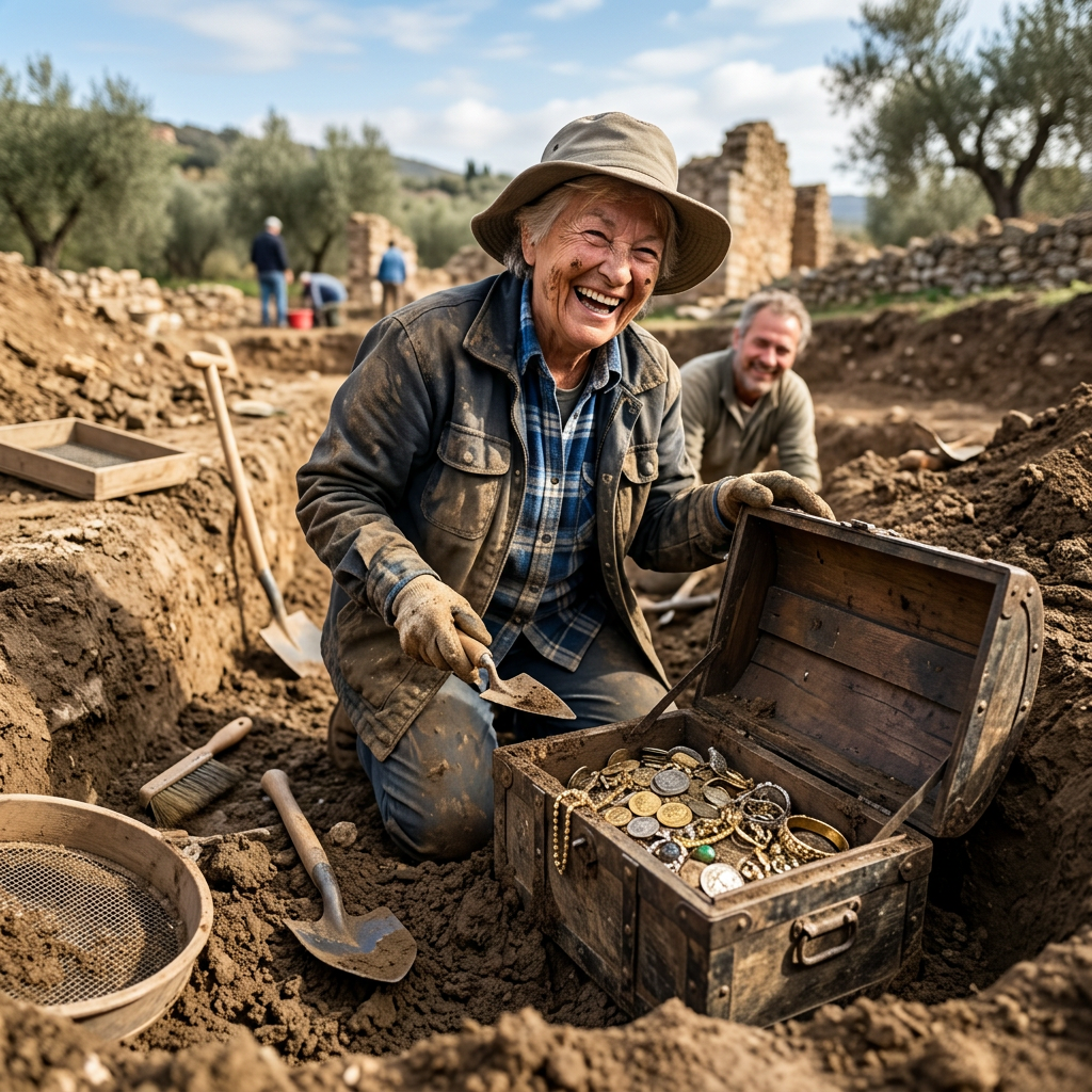 Archaeologist uncovering treasure chest filled with coins and jewelry at excavation site
