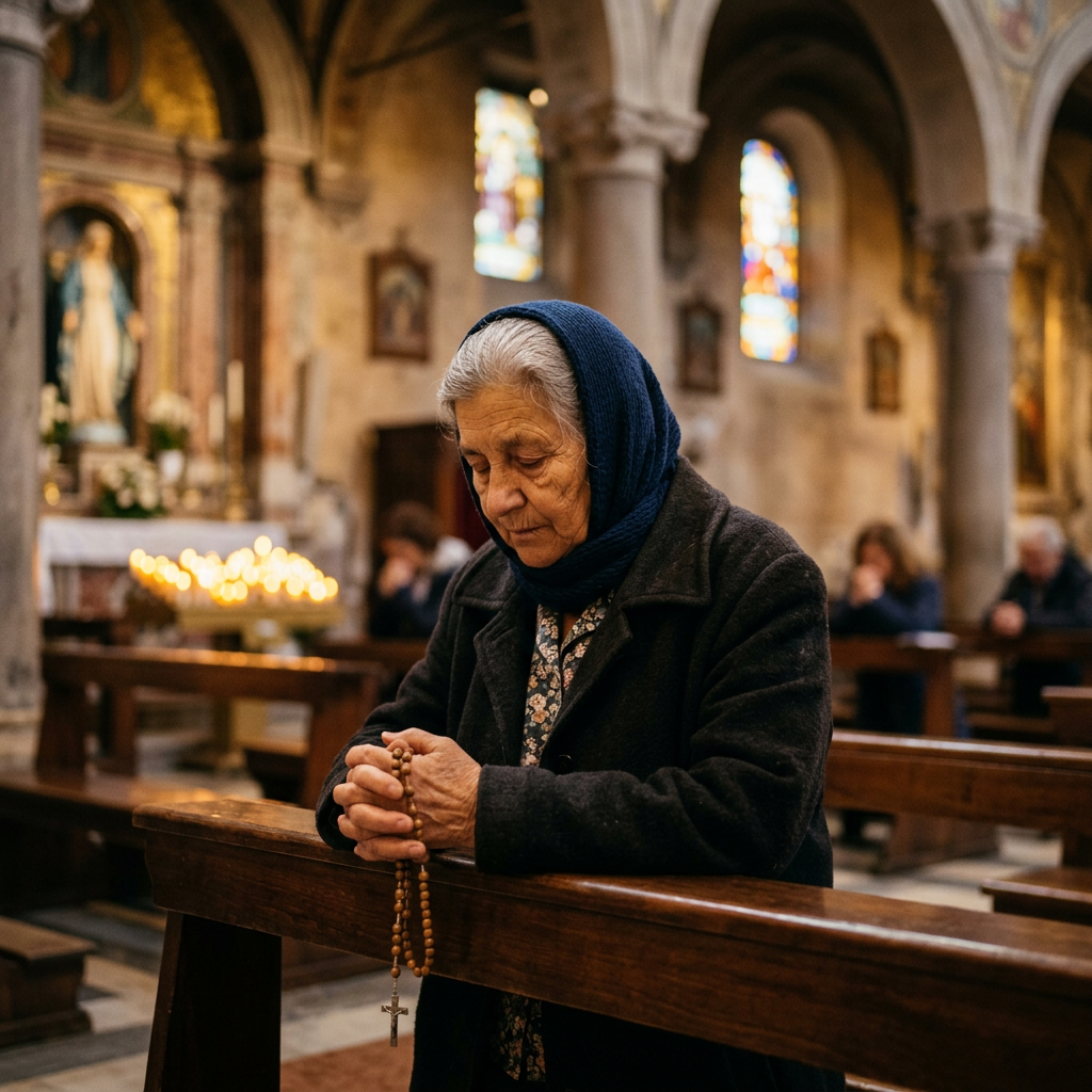 Elderly woman holding a rosary and praying inside a church