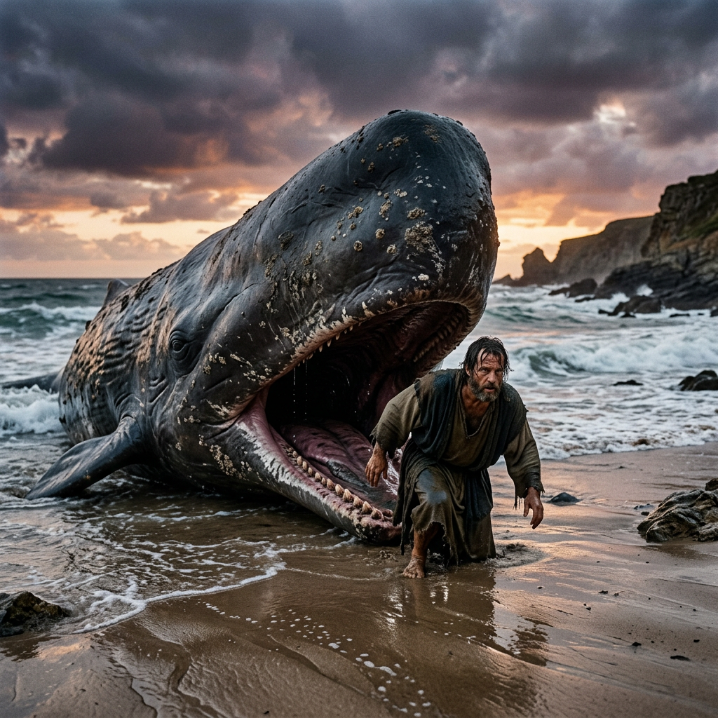 A man emerging from the mouth of a large whale on a sandy beach at sunset