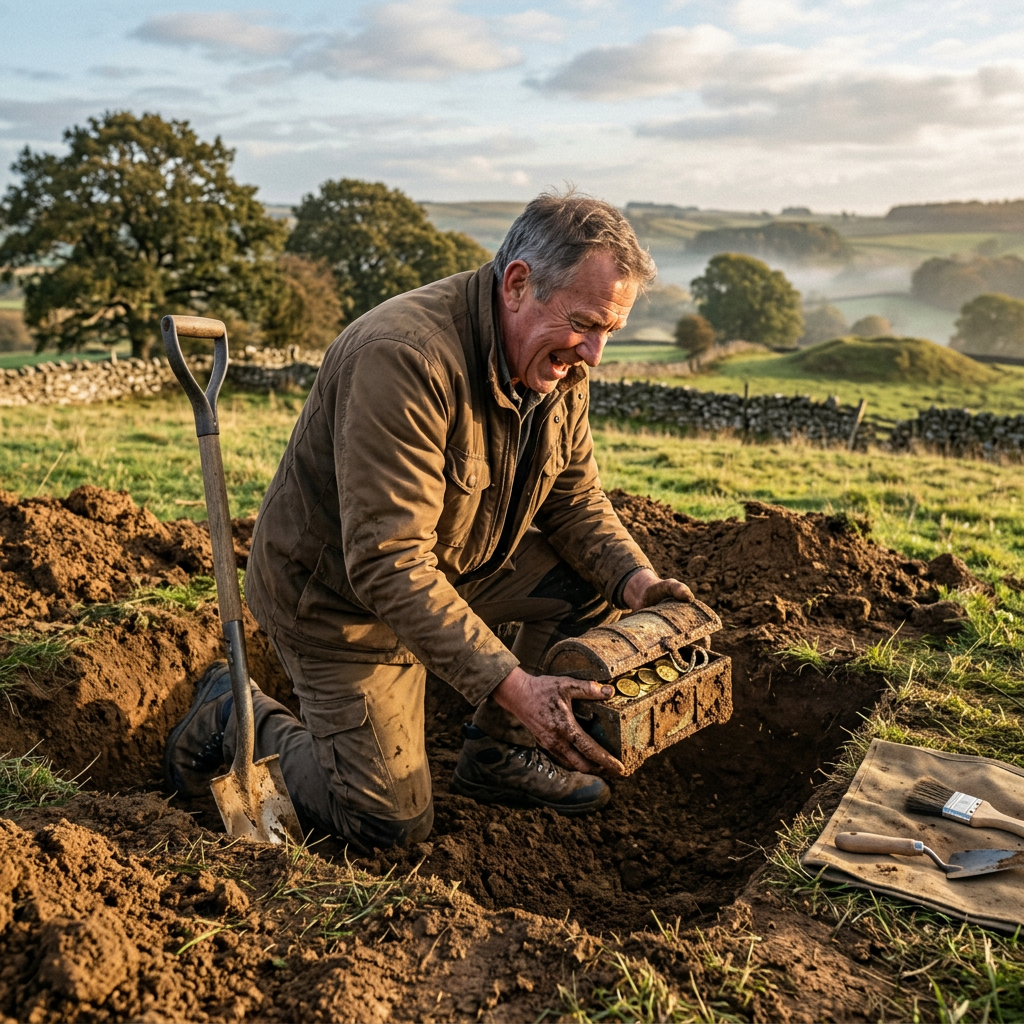 Man digging in a field finds old treasure chest with gold coins