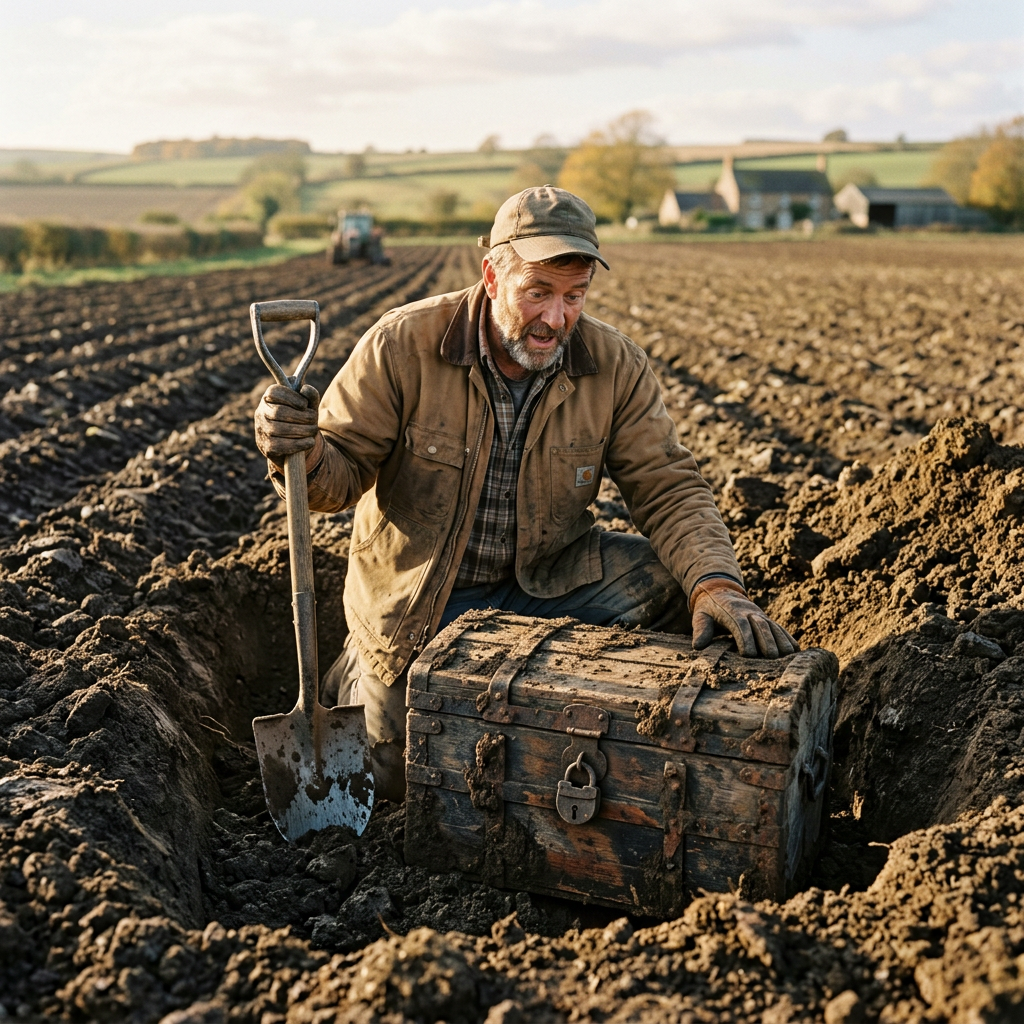 Man kneeling in a plowed field holding a shovel and an old wooden treasure chest